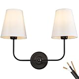 PASSICA DECOR Hardwired 2 Light Modern Armed Wall Sconce with 2pcs Flared White Fabric Shade Double Sconce for Bathroom Vanity Living Room Hallway Stairway Fireplace Farmhouse