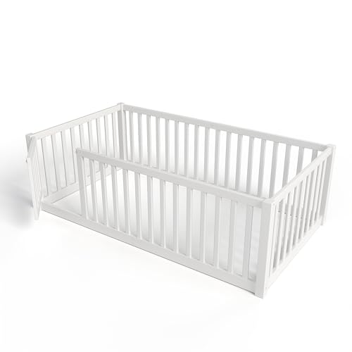 Image of Bellemave Twin Size Kids Montessori Floor Bed with Door,Solid Wood Floor Bed Frame with High Fence for Girls,Boys,White