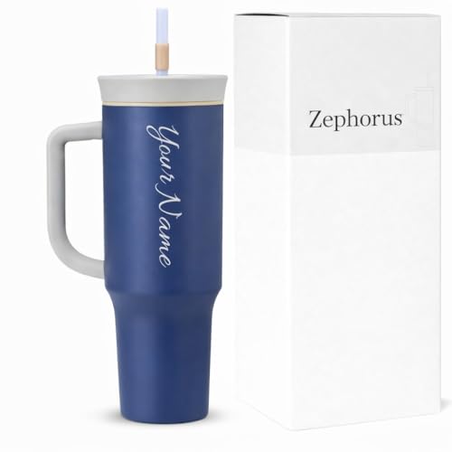 Image of Zephorus Personalized Stainless Steel Triple Layer Insulated Travel Tumbler with Spill Resistant Lid, Straw, and Carry Handle, BPA Free, 40 oz, (1200ml Blue)