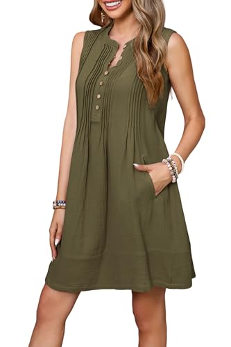 Image of R.Vivimos Sleeveless Cotton Casual Dresses for Women Summer 2026 Button Up Ruched Loose Tunic Mini Dress with Pockets