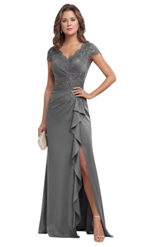 Lace Chiffon Mother of the Bride Dress for Women Ruffle Mother of the Groom Dress with Sleeves Formal Wedding Guest Dress Grey US8
