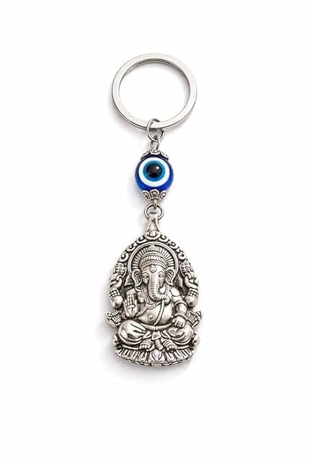 Ganesha Keychain with Evil Eye Bead, Silver Metal, Blue Nazar Charm, Hindu God Keyring for Car Keys and Backpacks-picture-42