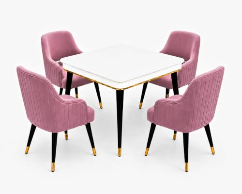 Image of WOODEN SPACE 4 Seater Wooden Dining Table Set | Urban Marble Top Dining Table with Chairs for Dining Room & Kitchen (Modern Zyro Pink) (42 x 42 x 30 inch)