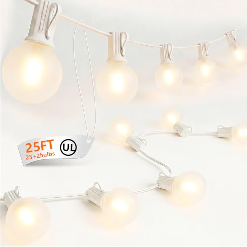 Cbebew 25FT G40 LED Frosted Outdoor String Lights, Globe String Lights with 27 Edison Shatterproof Bulbs(2 Spare), Decorative Lights for Bedroom Bistro Café Wedding, Warm White, White Wire