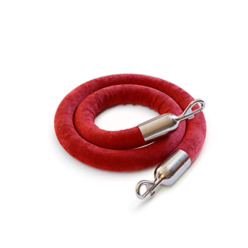 Crowd Control Warehouse Red Heavy-Duty Velvet Stanchion Rope 6 Feet with Polished Stainless Steel Snaps and Cotton Core, Post Queue Line Barrier for Movie Theaters, Grand Openings, Hotels