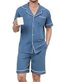Reliwel Pijamas Hombre Verano Algodón Manga Corta Conjunto de Pijamas Camiseta y Pantalones Cortos con Bolsillos Suave y Cómodo Azul, M