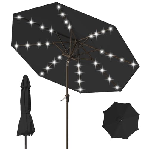 Image of 9FT Patio Umbrella with Solar Lights,Outdoor Market Umbrella with Tilt and Crank, LED Lighted Table Umbrella for Garden,Deck,Backyard,Pool,Beach (Black)