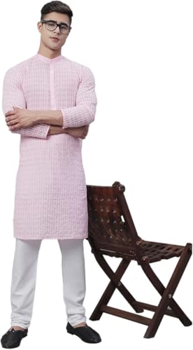 Men's Pure 100% Cotton Kurta Pyjama Set with White Embroidery2