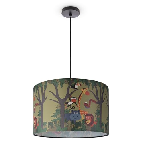 Paco Home Suspension Chambre Enfant Abat-Jour Tissu Rond Jungle Animaux Garçon Fille E27 Coloré