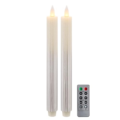 Image of Flameless Taper Candles Flickering with Remote and Timer, 3D Moving Flame Taper Candle Battery Operated to 400 Hours, 9 Inch Window Candles, (Gradient Silver-Vertical Stripes)