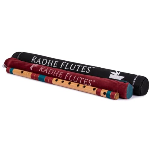 Image of Radhe Flutes Bamboo Bansuri C Sharp Right Handed Middle Octave (18 inch) With Hard Cover (Beige Flute With Maroon & Dark Green Threads)