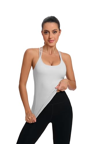 RUNNING GIRL Yoga Tank Tops for Women Built in Shelf Bra B/C Cups Strappy Back Activewear Workout Compression Tops (BX2288_Ice Grey,L)