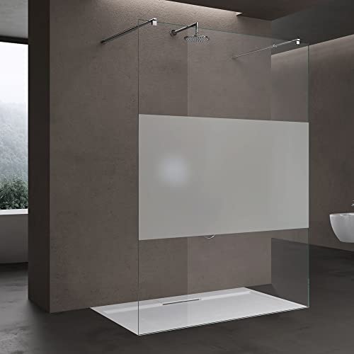 doporro Duschwand für Dusche Duschabtrennung 140x200 Walk-In mit Doppel-Stabilisator aus Echtglas 10mm ESG-Sicherheitsglas Milchglas-Streifen inkl. Nanobeschichtung