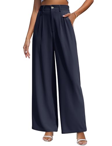 CMTOP Pantalones Mujer Verano Cintura Alta Elasticos Pantalones Largos Causal Pantalon Ancho Elegante Comodo Pantalón de Vestir Mujer con Bolsillos(Azul Marino, M)