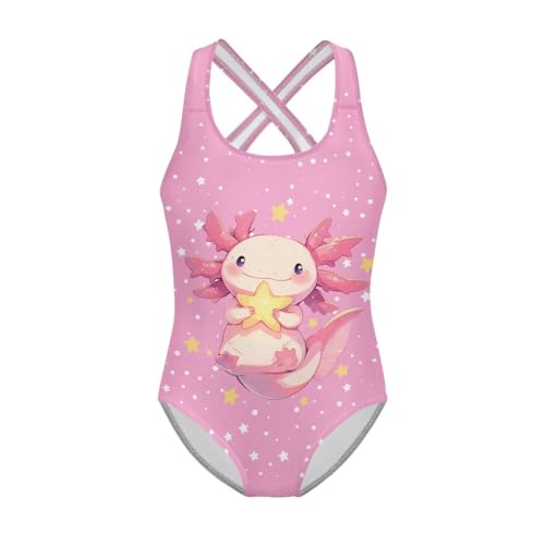 Girls Cute Axolotl Swimsuit with Cross Back Strap One Piece Swimwear for Beach Pool Fun Aged 5-14 Kids Bathing Suit