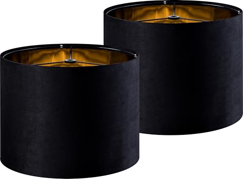 GO&SO Black Velvet Lamp Shades Set of 2 Medium Drum Lampshades -13 Top x 13 Bottom x 10 High(Spider) Traditional Fabric Lamp Shade for Table Lamps - Replacement Lampshade - Assembly Required