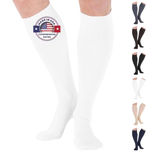 ABSOLUTE SUPPORT Mens Compression Socks for Circulation 20-30mmHg, Made in USA Opaque Graduated Compression Stockings for Varicose Veins, Edema, Arthritis - White, Large, A104WH3
