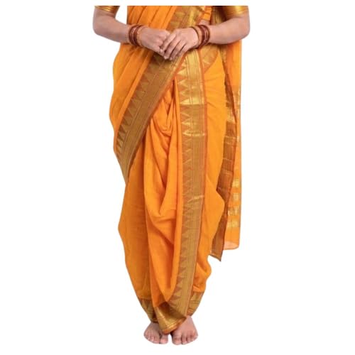 Image of Mom and Me Women Ready to Wear Nauvari Saree, Maharashtrian Peshwai Paithani, 9 Yard Readymade, Acrylic Cotton, Free Size, Traditional Ethnic Saree, with Blouse Piece