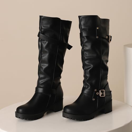 Womens Elegant Block Heel Slouch Boots Round Toe and Slip-on Knee High Boots for Casual Outfits2