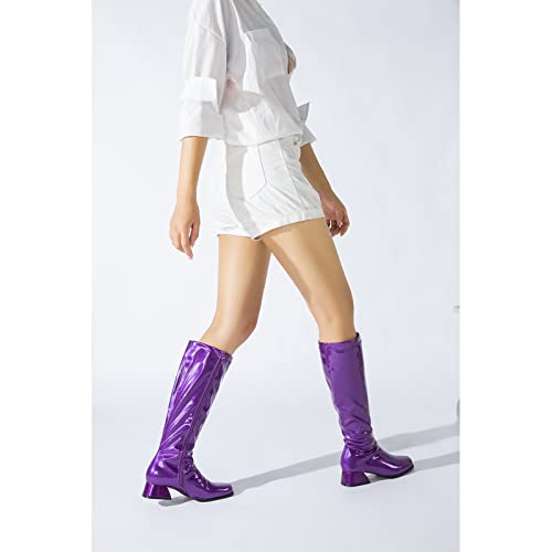 Enelauge Women's Go Go Boots Over The Knee Block Mid Heel Boots Square Toe Zipper Party Dance Shoes Purple 42-10.5 Us #TOP1