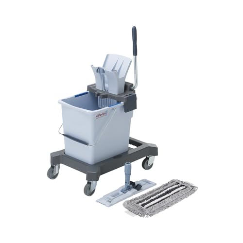 Vileda Professional, Kit Ultraspeed Single Pro, Sistema de fregado 25L con Prensa, Soporte 40cm y Ruedas, Carro de Limpieza sin Mango, Mopa Microfibra, Ergonómico y Ligero, Grandes Superficies