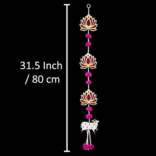 Image of Saugat Traders Handmade Lotus Hangings for Decoration with Pichwai Cow for Diwali Puja | Pink Lotus Wall Hangings for Temple, Mandir Back Drop Main Door Entrance | 1 Pair | 31.5 Inch Each