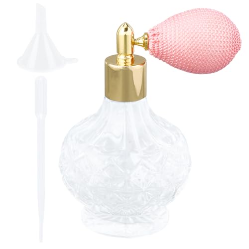 GORGECRAFT Flacons de Parfum en Cristal Transparent de 100ml Flacon de Parfum à Airbag Rose Vintage Vaporisateur Rechargeable à Pompe en Verre Vide Outil de Maquillage avec Entonnoir Compte Gouttes