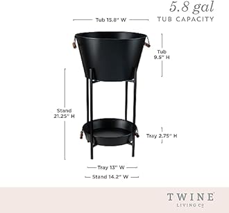 Twine Black Beverage Tub with Collapsible Stand, Large Metal Bucket and Tray, Ice Drink Buckets with Acacia Wood Handles for Parties, 3-Piece Set