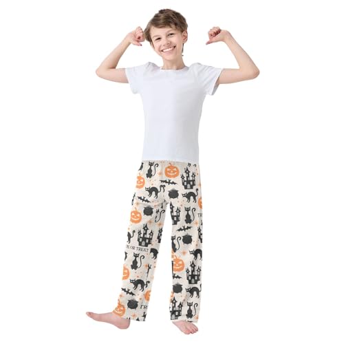 Cat Trick Or Treat Boys Long Pants Soft Trousers Elastic Waist Kids Lounge Bottoms with Pockets S-XL2