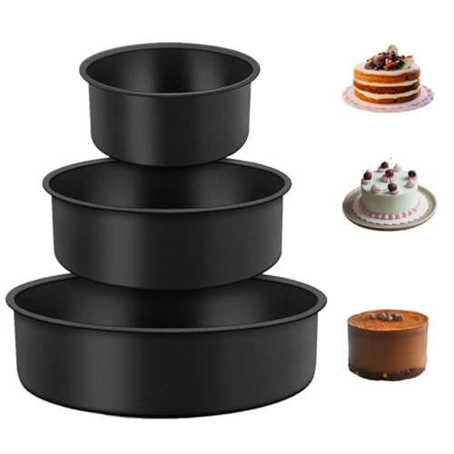 Cake Pan Set of 3 – 4/6/8 Inch Non-Stick Stainless Steel Round Baking Cake Pans – Baking Tool Oven Circular Cake Plate – Black Finish
