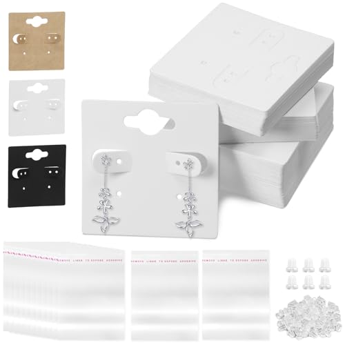 Swpeet 400-teiliges Ohrring-Display-Set – 100 Stück 5,1 x 5,1 cm weiße Kartenhalter, 200 Stück Silikon-Ohrring-Verschlüsse, 100 Stück transparente selbstverschließende Beutel