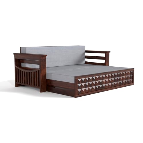 Image of Mamta Furniture Solid Sheesham Wood Sofa Set 3 Seater Furniture Wooden 3 Seater Sofa Cums Bed for Home Living Room with Cushions (Walnut with Grey, 3 Seater Design 1)