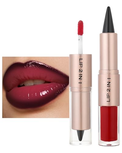 Juego de delineador de labios y brillo, 2 en 1, color negro, brillo de labios, gradiente duradero, hidratante, resistente al agua, combo de acondicionamiento de labios, resistente al polvo, resistente