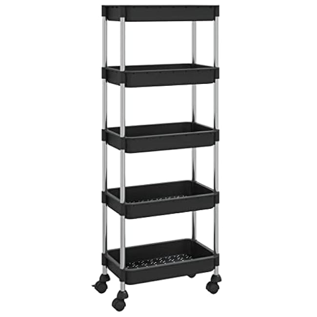 5-Tier Kitchen Trolley, Black Iron & ABS, 16.5x11.4x50.4 Rolling Utility Cart with Wheels, Mobile Storage for Home-tGowco1D