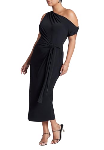 ELOQUII Women's Plus Size Off The Shoulder Tie Front Midi Dress