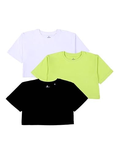 Image of KiddoPanti Girls 100% Cotton Solid Drop Shoulder Half Sleeve Round Neck Crop Tee