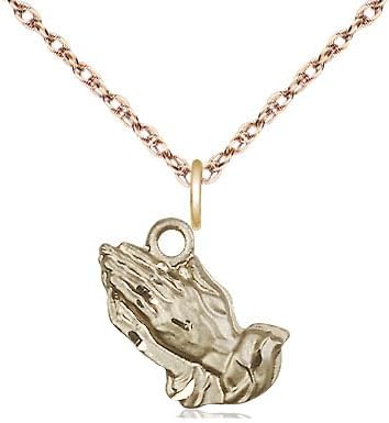 14kt Gold Praying Hands Pendant on a 13 inch Gold Filled Light Rope Chain.