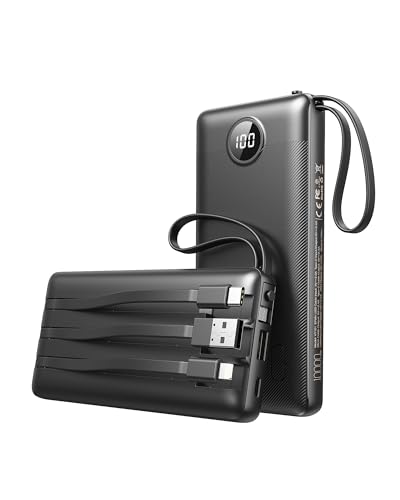 Power Bank 10000mAh Batteria Esterna con Cavi Integrati Caricatore Portatile Powerbank USB C con 5 Uscite e 2 Ingressi Compatibile con iPhone, iPad, Xiaomi