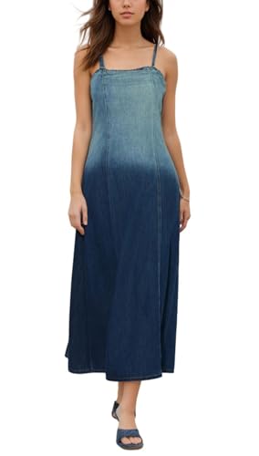 CHARTOU Women Flowy Denim Dress Spaghetti Straps Back Smocked Gradient Jean Beach Vacation Long Dress Going Out