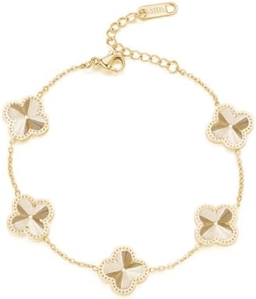 14K Gold Plated Lucky Flower Bracelet |Adjustable Bracelets| Cute Link Bracelets Jewelry Gifts for Women Teen Girls (Gold)