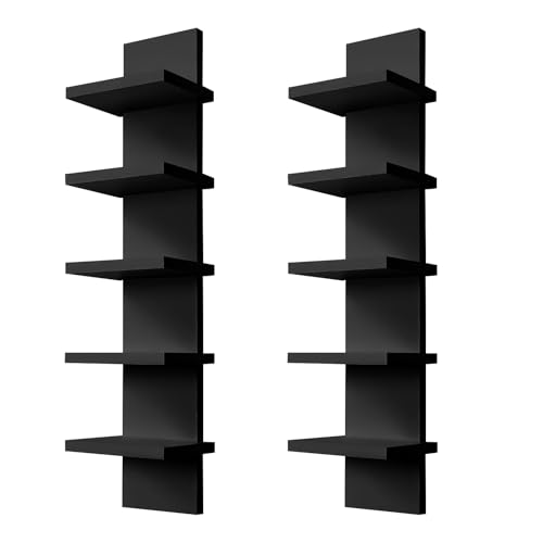 YEXEXINM 2 Pack 5 Tier Wall Shelf Unit - Narrow Smooth Laminate Finish - Vertical Column Wall Decor Mount Floating Storage Home Decor Organizer Tall Tower Utility Shelf for Bedroom, Living Room(Black)