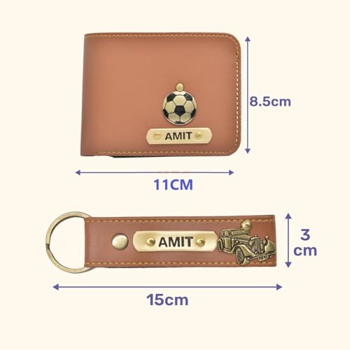 Image of Mens Leather Wallet and Keychain Combo Name Leather Wallet Keychain for Mens Personalized Wallet Keychain Set with Wallets Keychains for Men | Customised Gift Set for Men with Name & Charm, Red