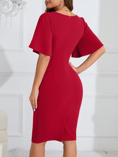 Image of IHOT 2024 Women's Vintage Ruffle Short Sleeve Ruched Bodycon Cocktail Party Work Dress