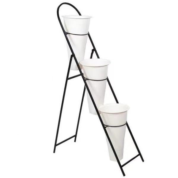 Flower Shop Flower Stand Foldable Display Stand - 3-layer Iron Stand with 3 Plastic Buckets - Flower Display Stand for Flower Shop