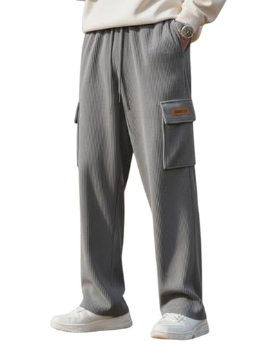 Image of Men's Ribbed Casual Cargo Pants | Stretchable & Comfortable Lower | Elastic Waist Drawstring | Relaxed Fit Stretchable & Comfortable Textured Fabric Cargo Pant for Men