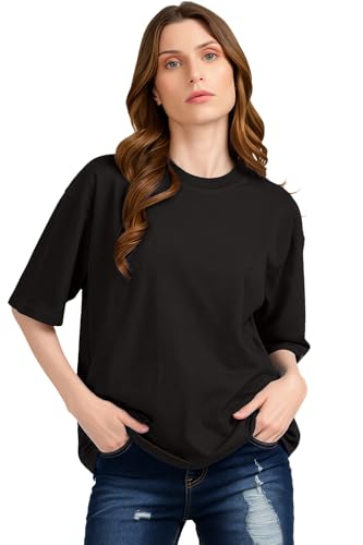 Image of Oversized Baggy Fit Drop Shoulder Half Sleeves Round Neck Solid Pure 100% Cotton T-Shirt for Women (Available in White, Black,Navy Color)