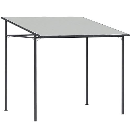 Outsunny 2.4 x 2.4 m Wall Mounted Pergola Gazebo with PA Coating Fabric and Metal Frame, UPF30+, Lean to Garden Gazebo, Wind Resistant Outdoor Sun Shade Shelter for Garden, Deck, Light Grey