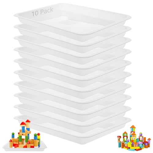 CYEER 10 bandejas de plástico de 34 x 25 x 3 cm, bandeja rectangular de plástico blanco, bandeja reutilizable para servir, bandejas de cocina para aperitivos, alimentos, galletas, bloques de madera