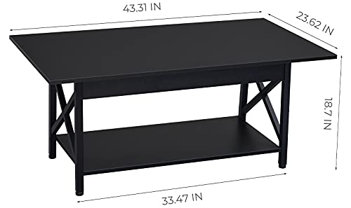 Image of GreenForest Coffee Table with Storage, 43 inch Large Modern Coffee Tables for Living Room, X-Frame Design Farmhouse Coffee Table Space Saving Living Room Tables, Easy Assembly, Black