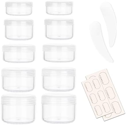 10 Pieces Small Travel Containers, 3/5/10/15/20 Gram Size Travel Jars, Cosmetic Travel Size Containers for Lotions and Creams, Plastic Sample Containers Jars with 12pcs Labels, 2pcs Mini Spatula